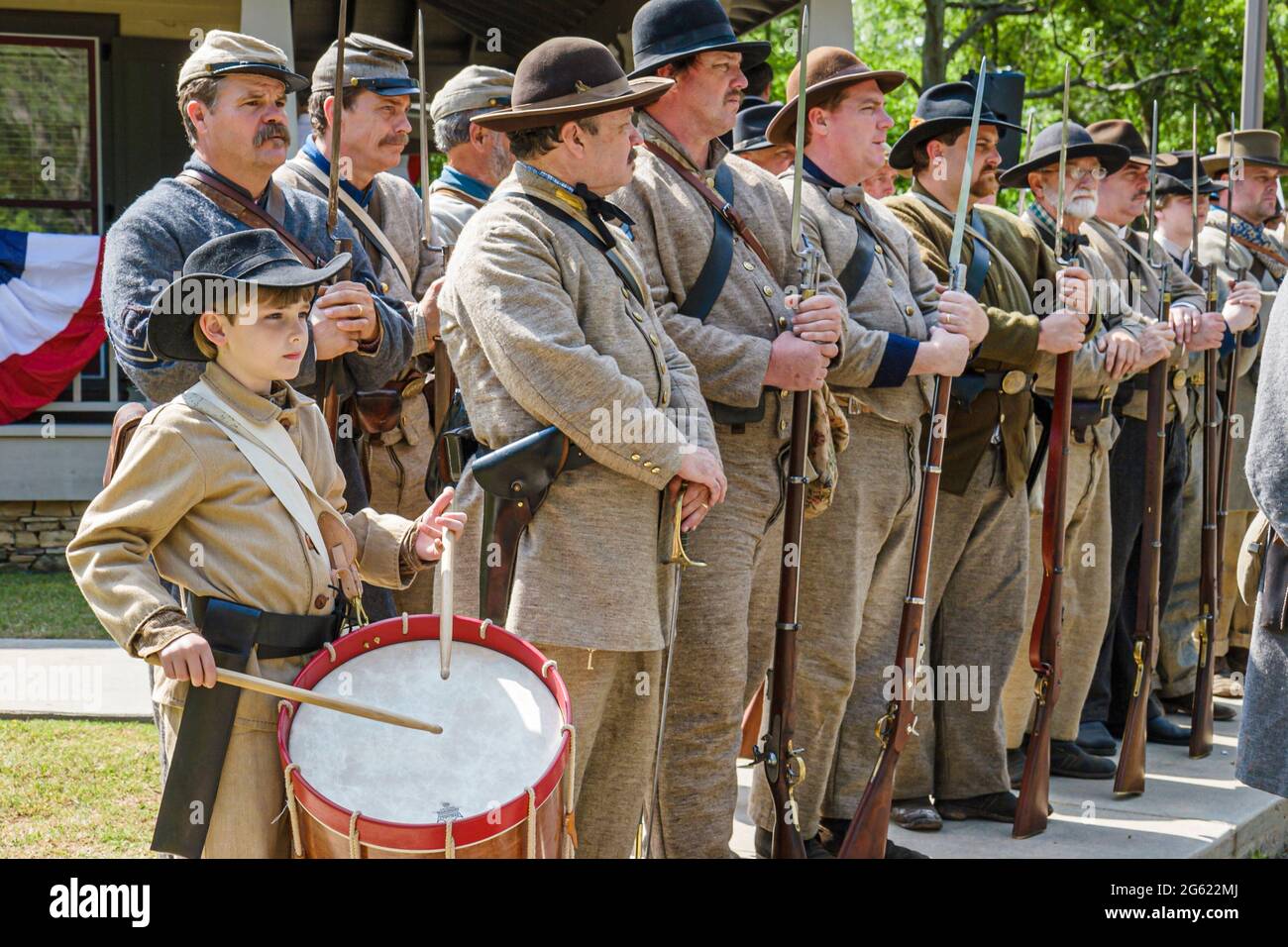 Alabama Marbury Confederate Memorial Park,Civil War reenactors period costume soldiers drummer boy playing drum, Stock Photo