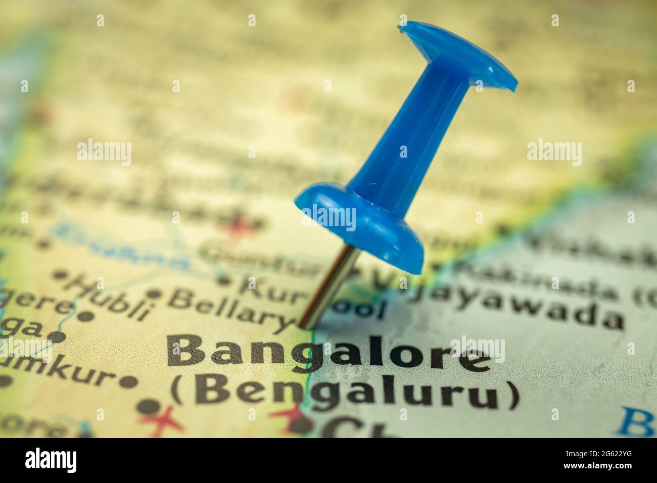 Location Bangalore in India, travel map with push pin point marker closeup, Asia journey concept Stock Photo