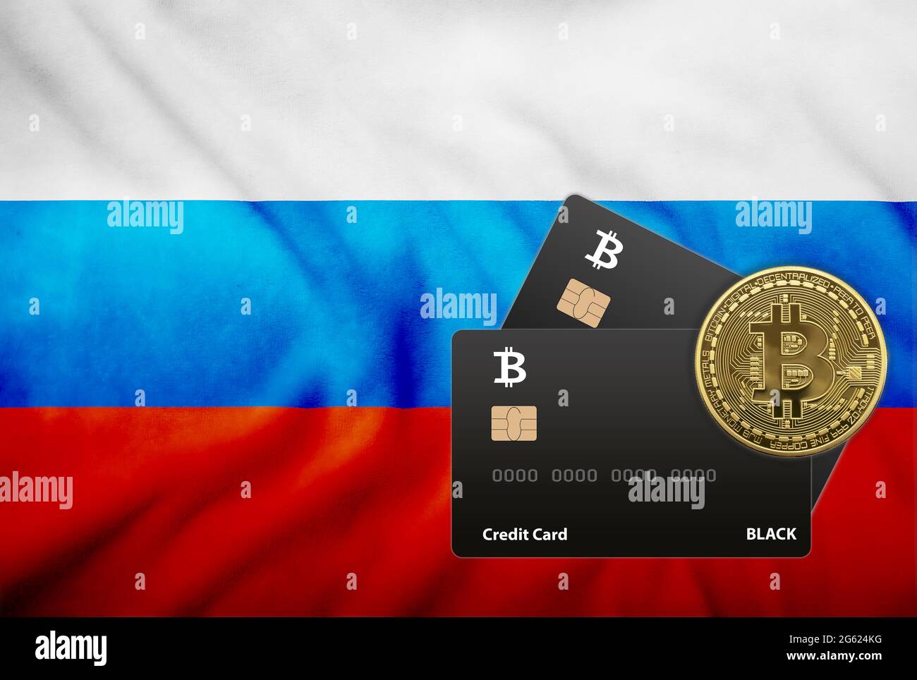 Two black credit cards and bitcoin coin on the background of the flag of  Russia Stock Photo - Alamy
