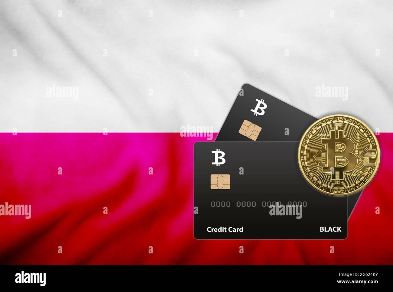 Two black credit cards and bitcoin coin on the background of the flag of  Poland Stock Photo - Alamy