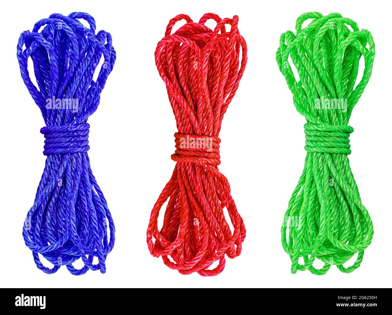 Three Corded Rope rope collection, three skeins of cord isolated on white background ...