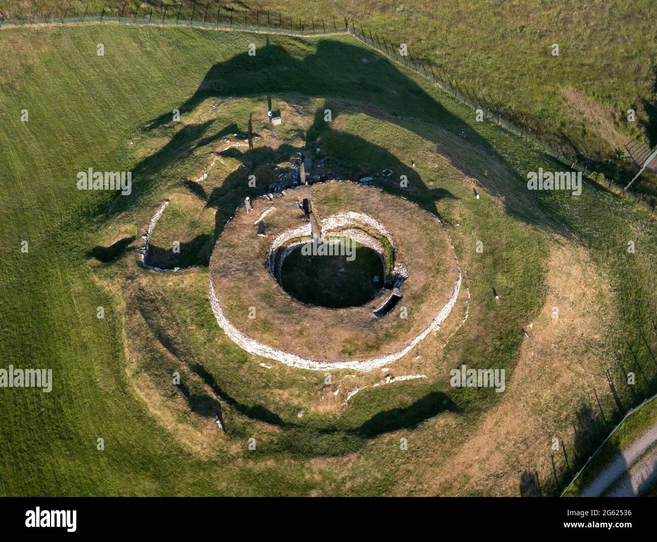 Aerial view of the Carn Liath Broch, near Golspie, Sutherland, Scotland. Stock Photo