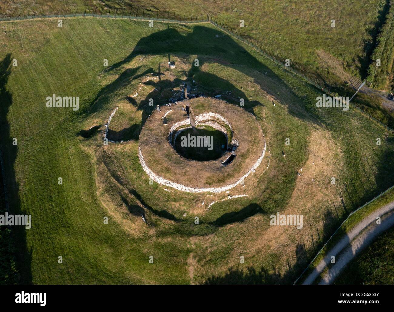 Aerial view of the Carn Liath Broch, near Golspie, Sutherland, Scotland. Stock Photo