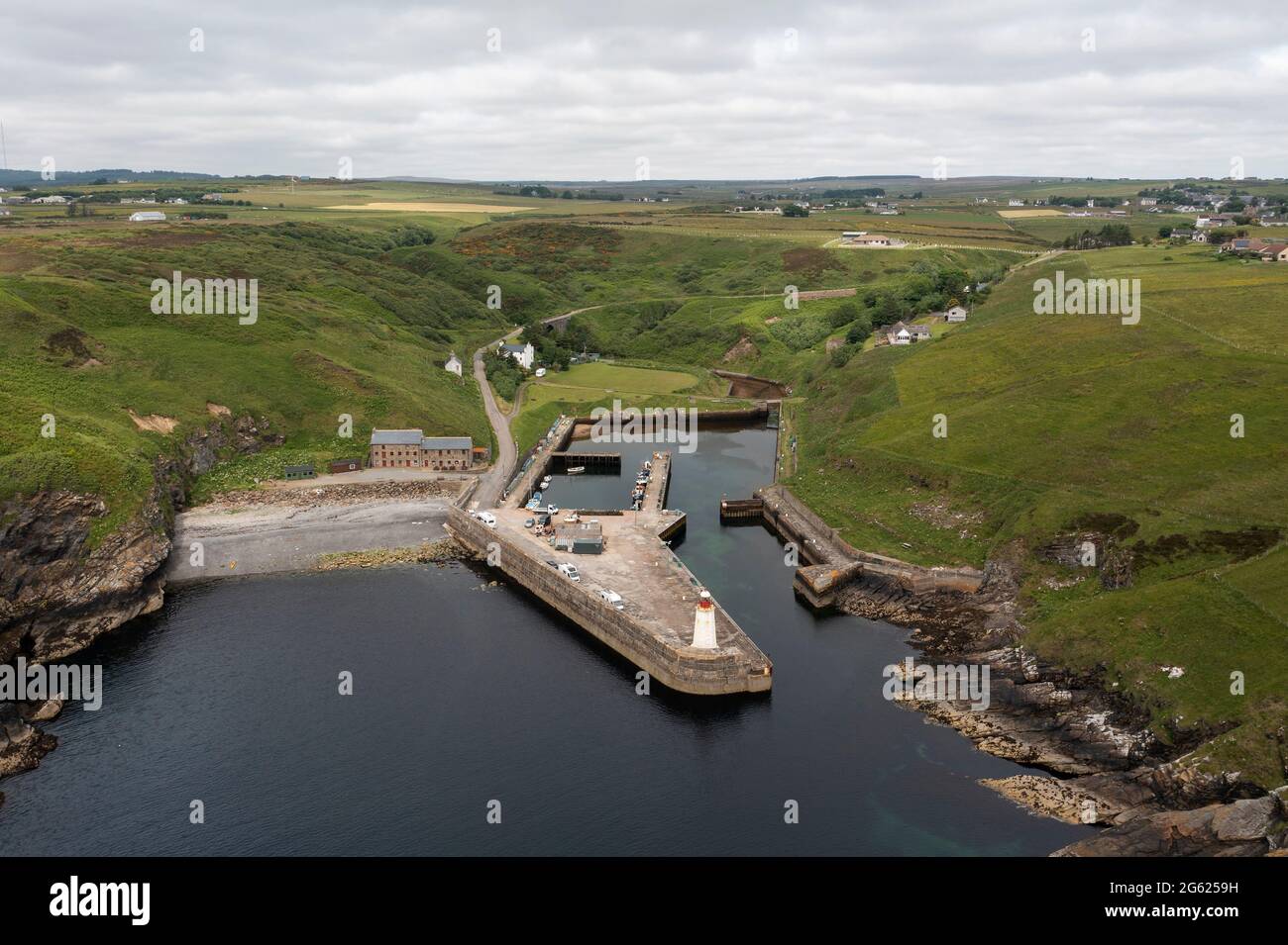 Aerial view of Lybster fishing harbour, Caithness, Scotland. Stock Photo