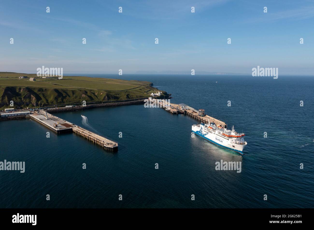 Aerial view of Northlink Ferry docking at Scrabster ferry terminal, Scrabster, Thurso, Caithness, Scotland. Stock Photo