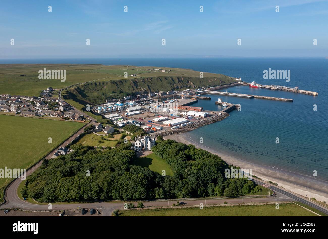 Aerial view of Scrabster harbour and ferry terminal, Scrabster, Thurso, Caithness, Scotland. Stock Photo