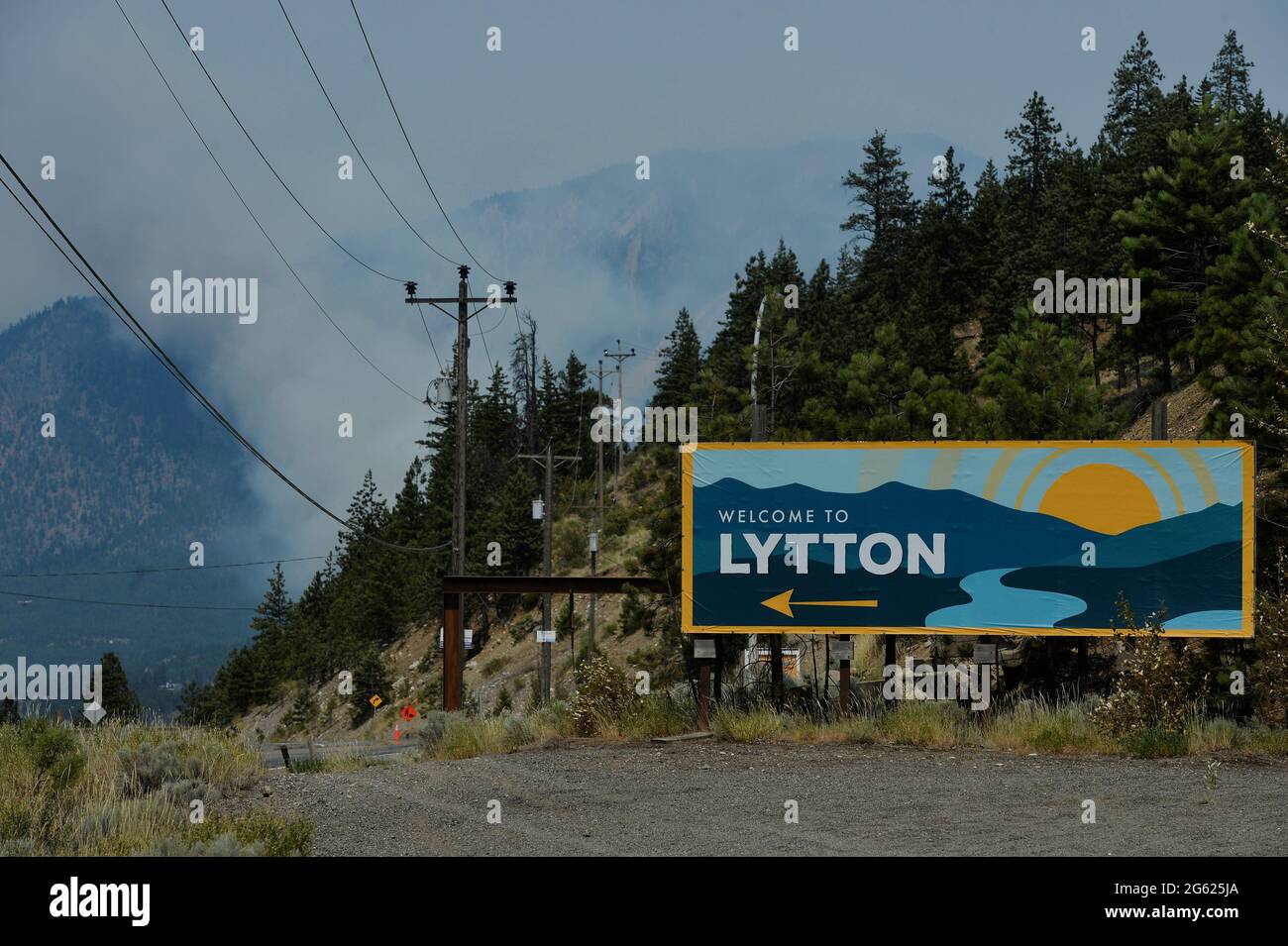 The sign for the town of Lytton, where a wildfire raged through and forced residents to evacuate, is seen in Lytton, British Columbia, Canada July 1, 2021.  REUTERS/Jennifer Gauthier Stock Photo