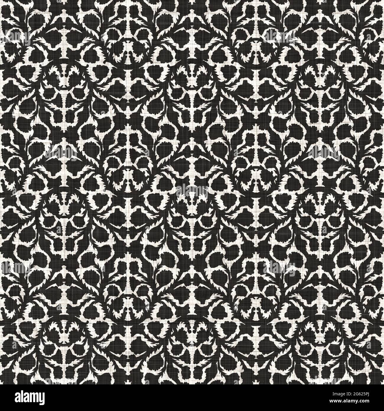 Seamless black white woven cloth floral linen texture. Two tone ...