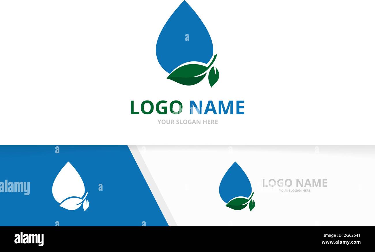 Fresh water drop logo. Droplet and leaves logotype design template. Stock Vector