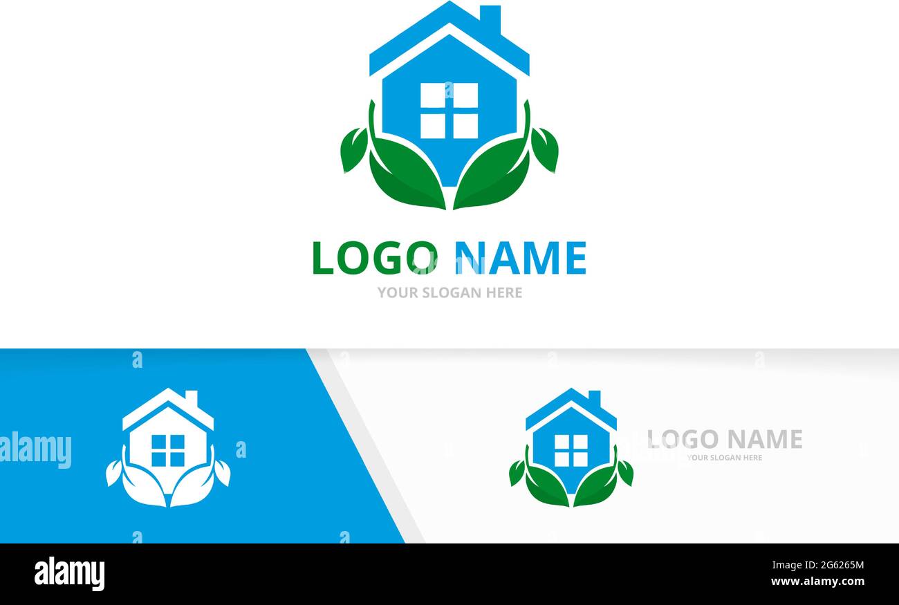 Green house and leaves logo combination. Unique real estate logotype design template. Stock Vector