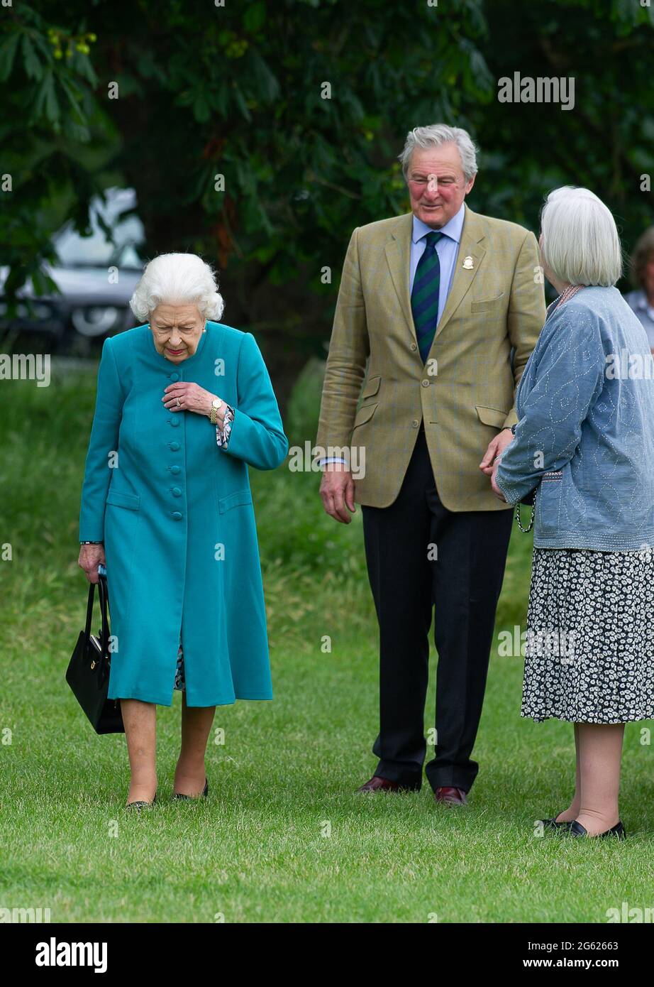 Windsor, Berkshire, UK. 1st July, 2021. After a visit to Scotland this week Queen Elizabeth II was at Royal Windsor Horse Show this afternoon to watch her horses competing. Royal Windsor Horse Show has been taking place since 1943 in the private grounds of Windsor Castle, home to Her Majesty. Credit: Maureen McLean/Alamy Stock Photo