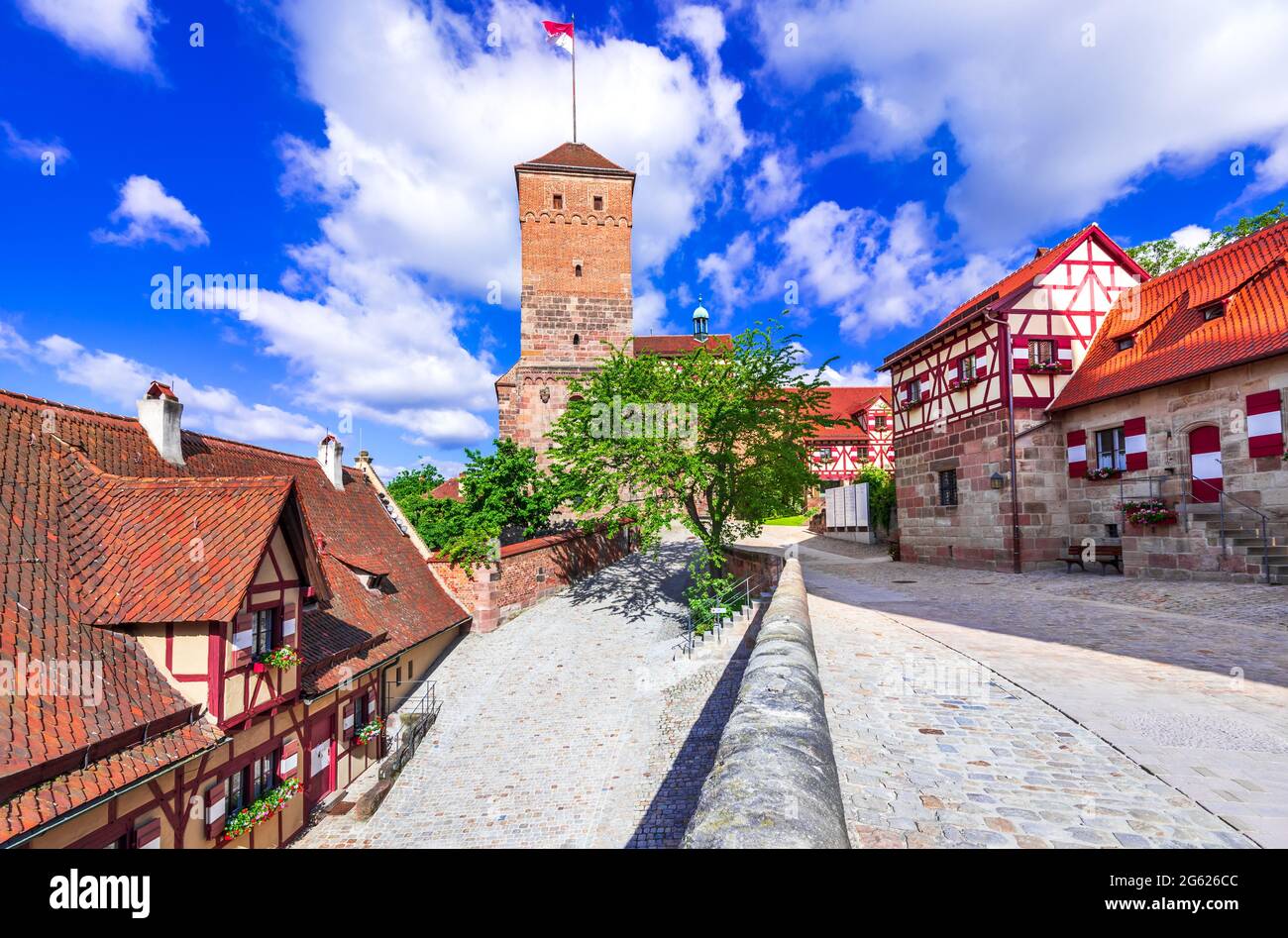 Nuremberg, Germany. View of Kaiserburg and Heathen Tower in Nuremberg old town in Franconia, Bavaria. Stock Photo