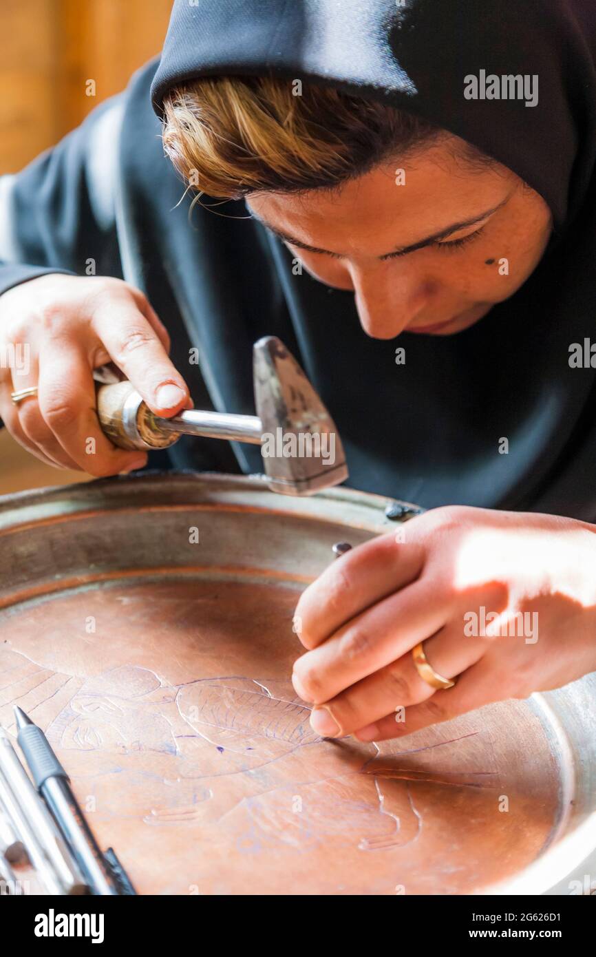 Demonstration of traditional copper engraving, at Arg of Karim Khan(citadel), city center, Shiraz, Fars Province, Iran, Persia, Western Asia, Asia Stock Photo