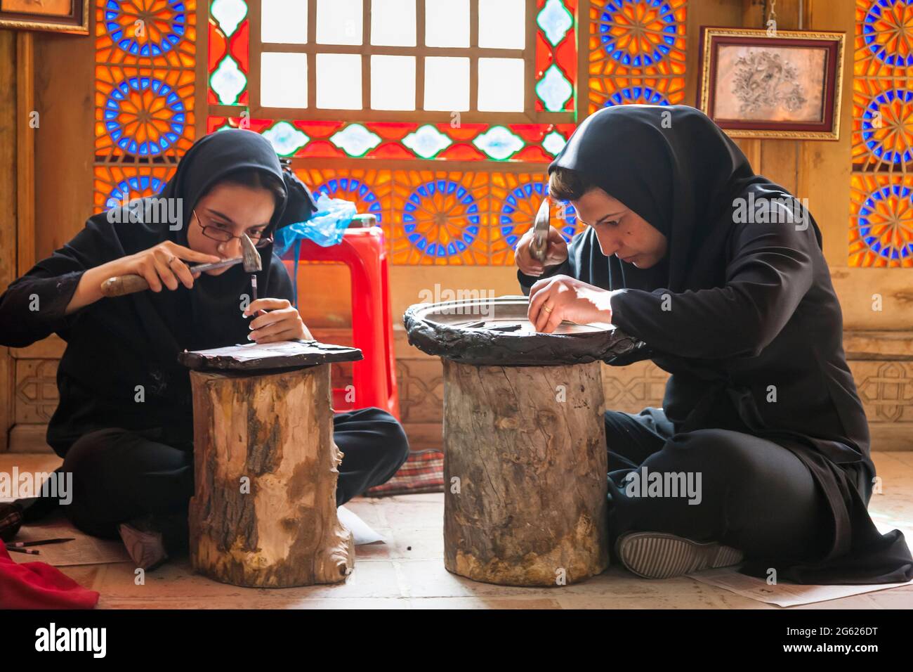 Demonstration of traditional copper engraving, at Arg of Karim Khan(citadel), city center, Shiraz, Fars Province, Iran, Persia, Western Asia, Asia Stock Photo