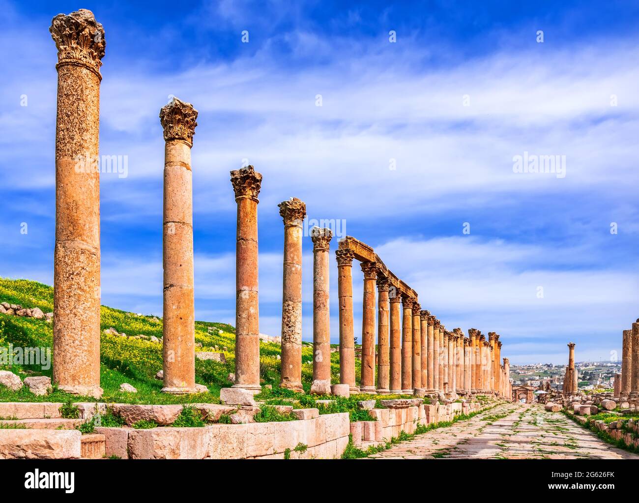 Jerash, Jordan - Columns in ancient Roman city of Gerasa, modern Jerash in Middle Eastern Stock Photo