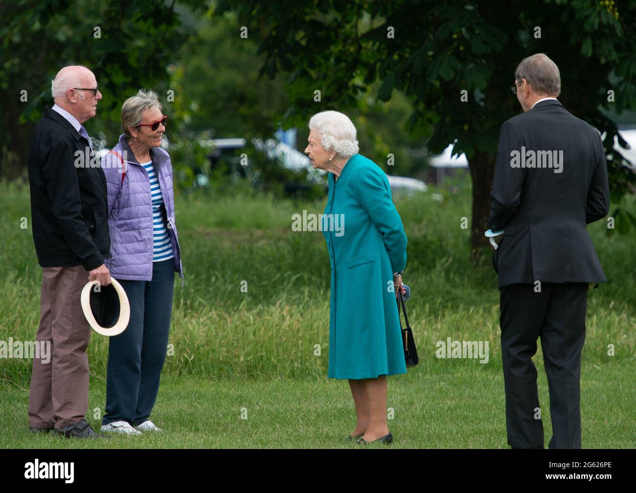 Windsor, Berkshire, UK. 1st July, 2021. After a visit to Scotland this week Queen Elizabeth II was at Royal Windsor Horse Show this afternoon to watch her horses competing. Royal Windsor Horse Show has been taking place since 1943 in the private grounds of Windsor Castle, home to Her Majesty. Credit: Maureen McLean/Alamy Stock Photo