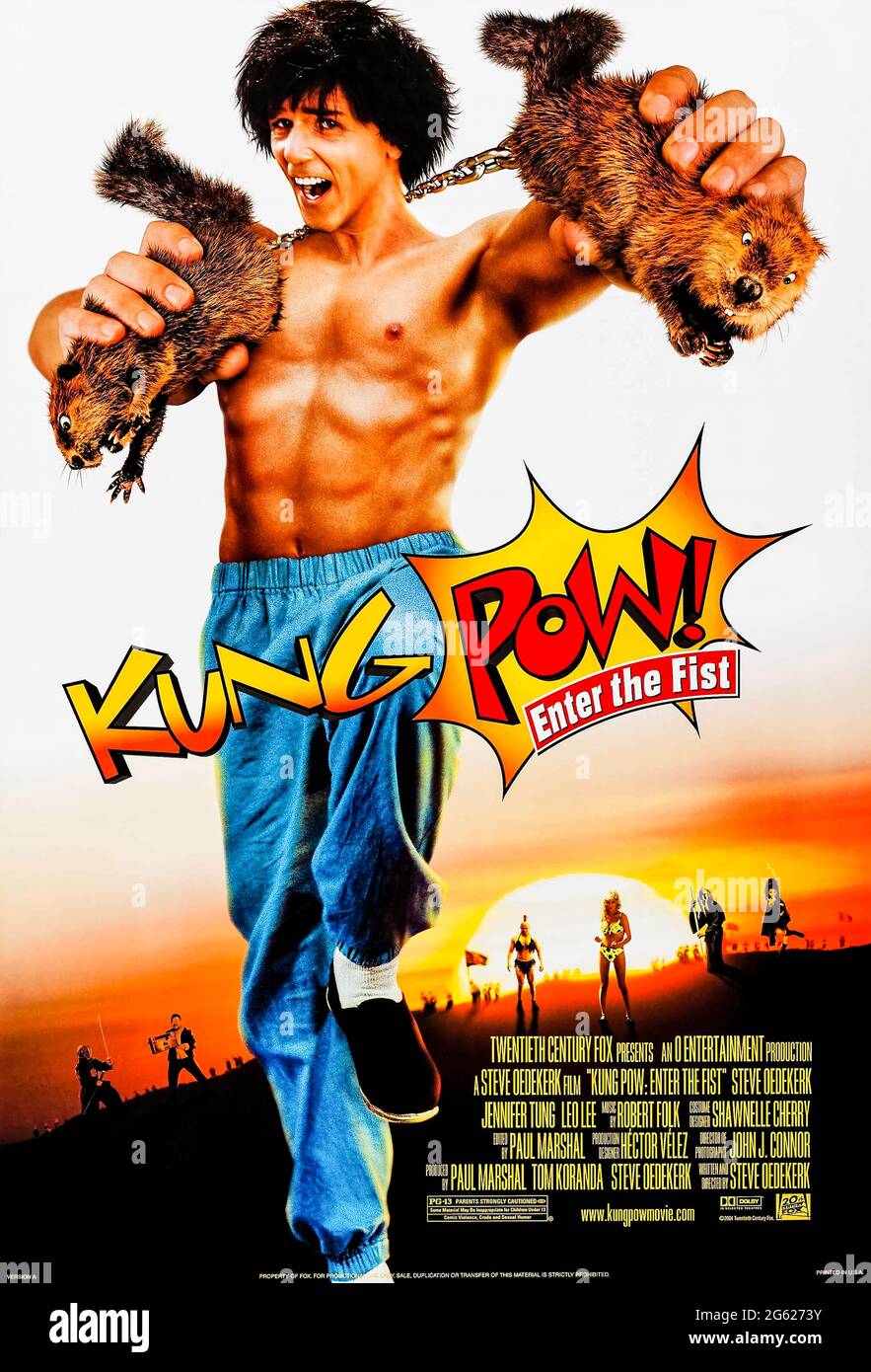 Kung Pow: Enter the Fist (2002) directed by Steve Oedekerk and starring Steve Oedekerk, Fei Lung and Leo Lee. Original spoof martial arts movie about the Chosen One who seeks to avenge the death of his parents at the hands of kung-fu legend Master Pain told by slicing together footage from the 1976 film Tiger And Crane Fists with modern scenes and purposely badly dubbed dialogue. Stock Photo