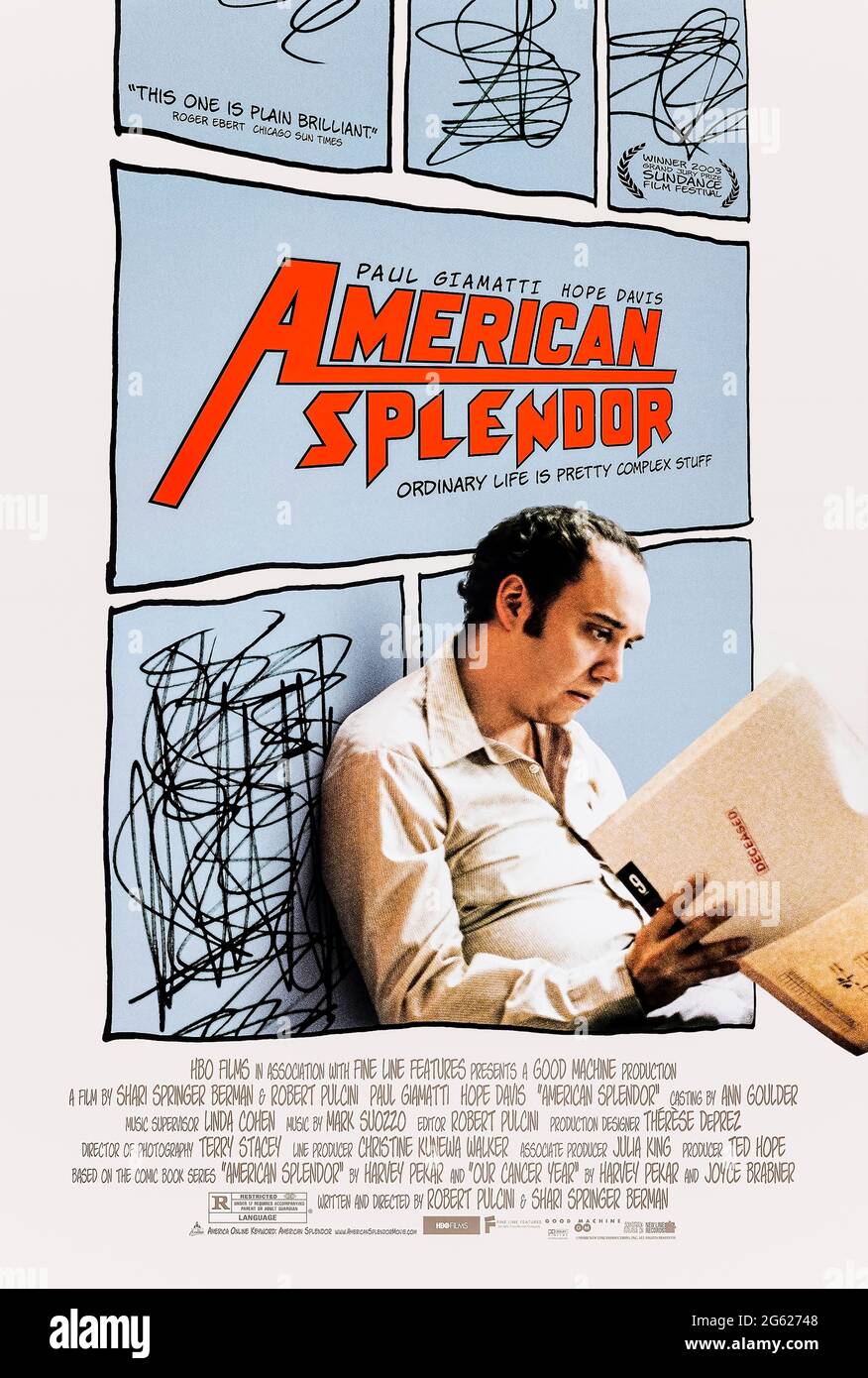 American Splendor (2003) directed by Shari Springer and Robert Pulcini and starring Paul Giamatti, Shari Springer Berman, Hope Davis and Harvey Pekar. A mix of fiction and reality illuminates the life of hero everyman Harvey Pekar from the American Splendor and Joyce Brabner from Our Cancer Year comic books interspersed with dialogue from Harvey and Joyce who wrote them. Stock Photo