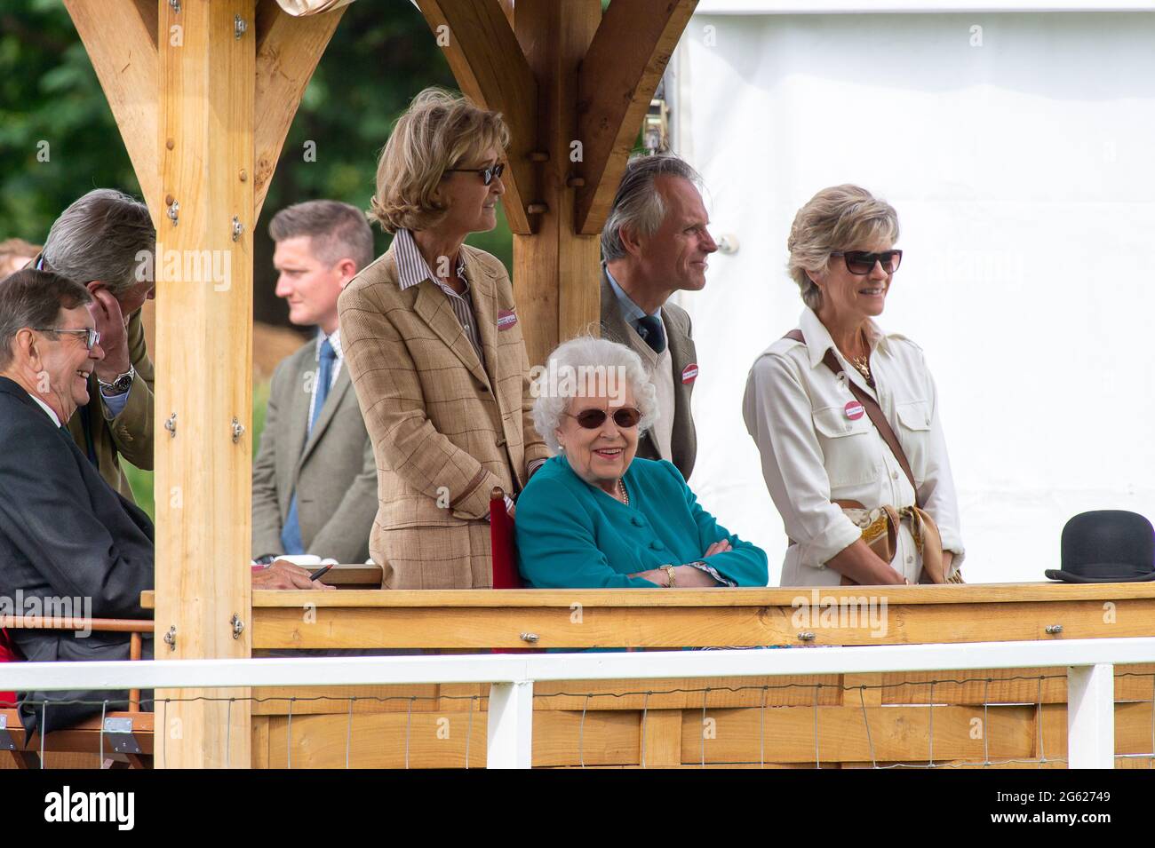Windsor, Berkshire, UK. 1st July, 2021. After a visit to Scotland this week Queen Elizabeth II was at Royal Windsor Horse Show this afternoon to watch her horses competing. Royal Windsor Horse Show has been taking place since 1943 in the private grounds of Windsor Castle, home to Her Majesty the Queen. Credit: Maureen McLean/Alamy Stock Photo