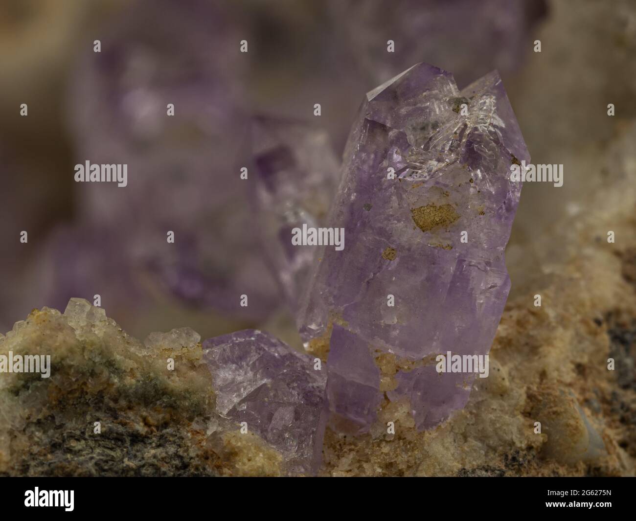 isolated and violet crystals of amethyst quartz on matrix Stock Photo