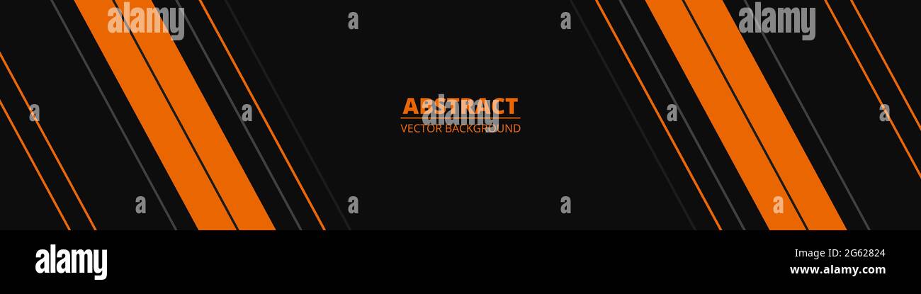 Black abstract wide horizontal banner with orange and gray lines ...