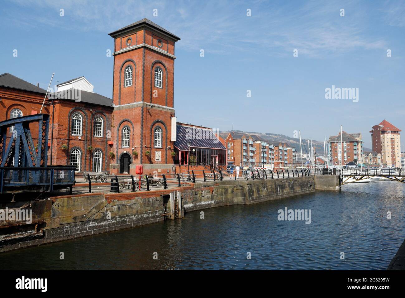 Swansea marina and the former Docks Pump House building converted to a bar, Wales UK Stock Photo