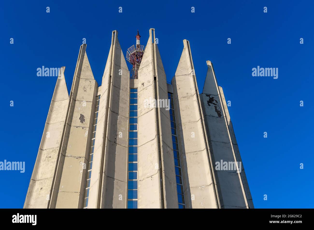 Close-up of upper part of Center for Robotics and Technical Cybernetics side construction, 1976-1983, socialist modernism, St. Petersburg, Russia Stock Photo