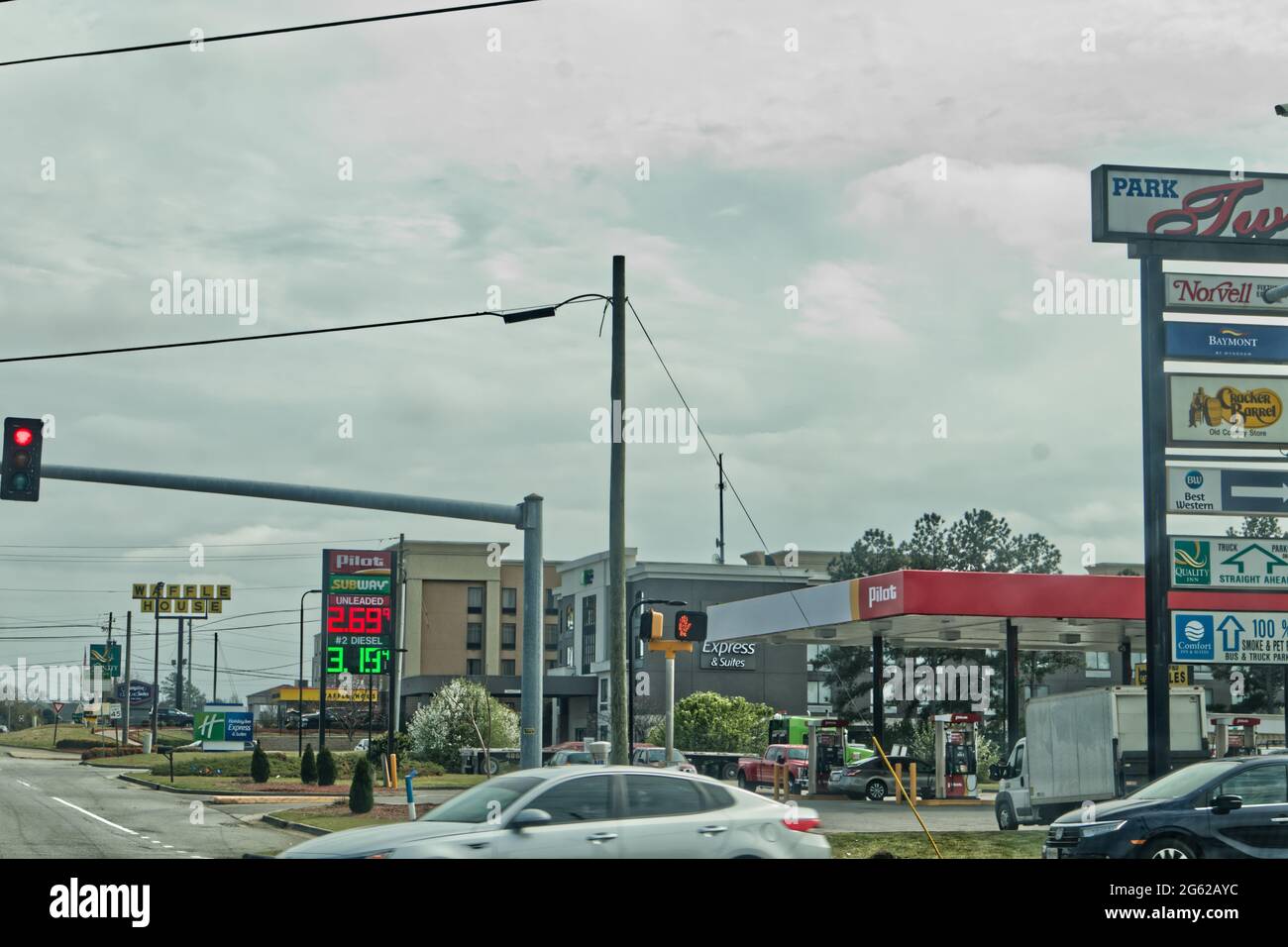 Augusta, Ga USA 03 17 21 Urban scene with gas signs buildings and