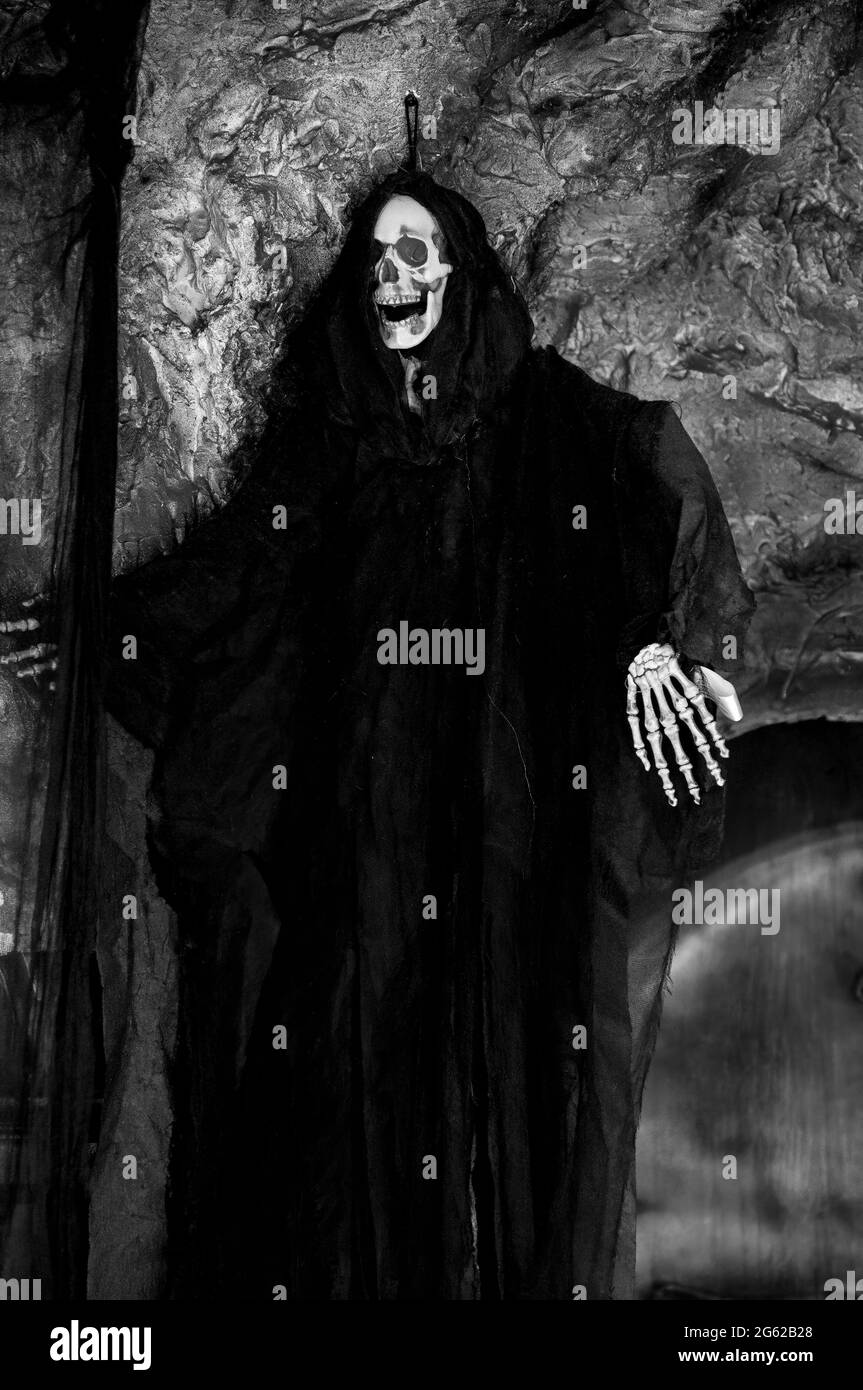 Halloween costume of a skeleton face and hands with a long black robe. Stock Photo