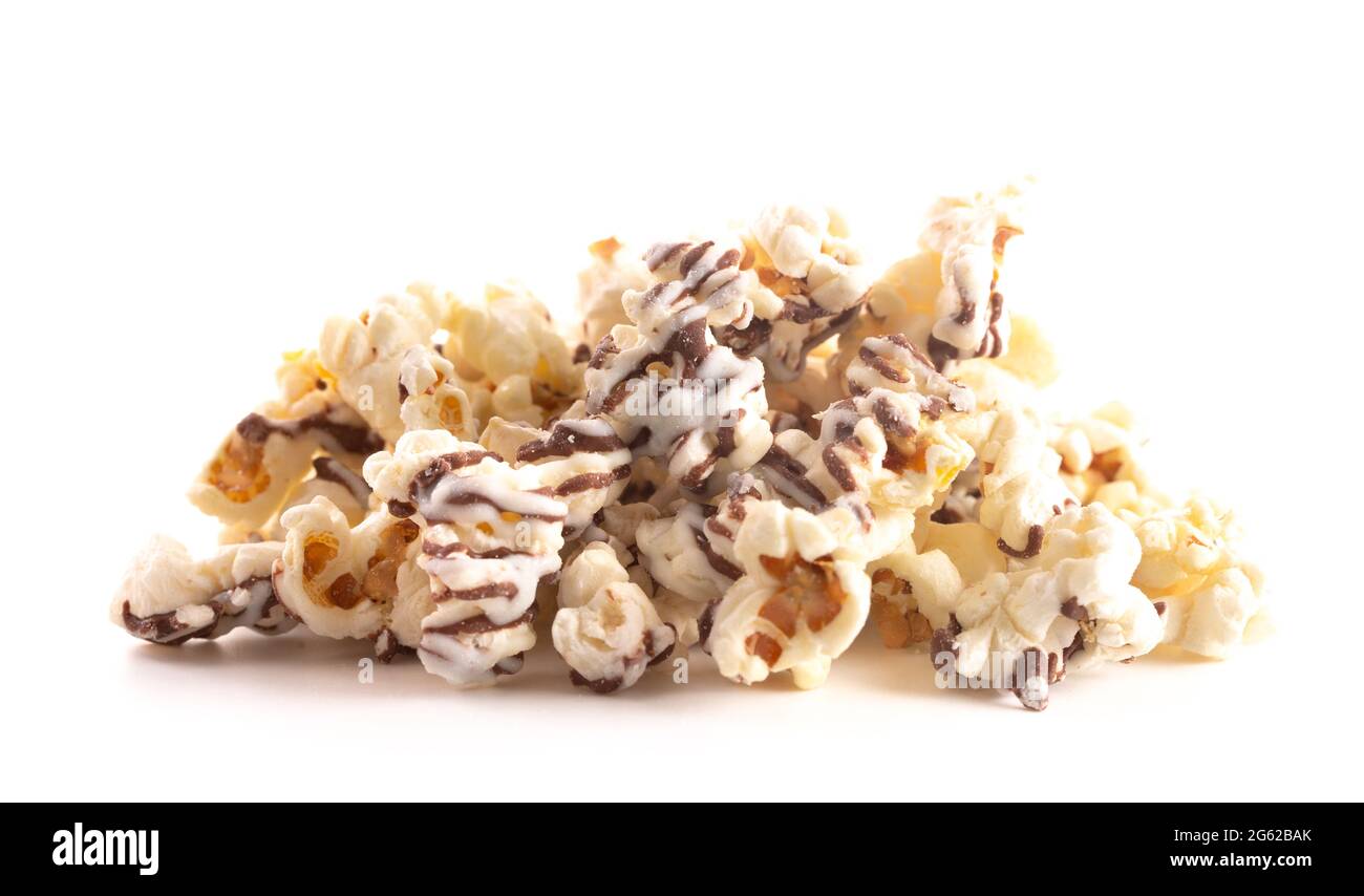 A Pile of White and Milk Chocolate Drizzled Sweet Popcorn Stock Photo
