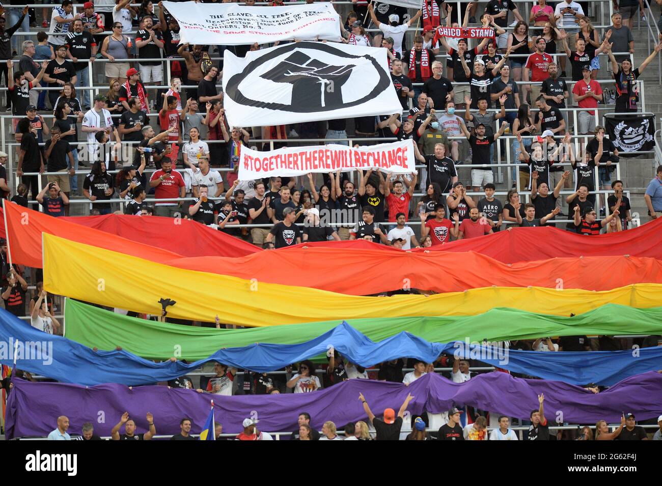 Washington, Dc, USA. 2nd Mar, 2020. 20210619 - The D.C. United supporters section display the colors of the rainbow flag before UnitedÃs match against Inter Miami FC at Audi Field in Washington. Credit: Chuck Myers/ZUMA Wire/Alamy Live News Stock Photo