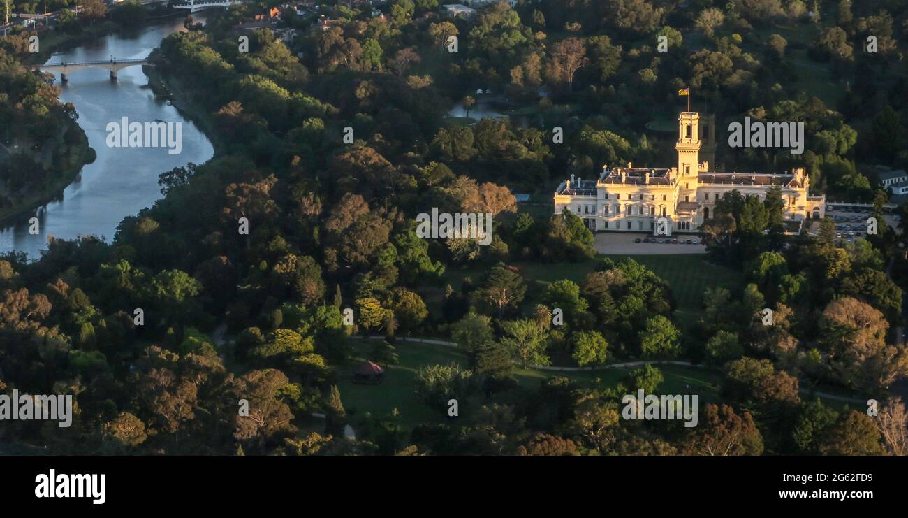 Melbourne Australia. Government House in Melbourne in Kings Domain parkland beside the Yarra River. Stock Photo