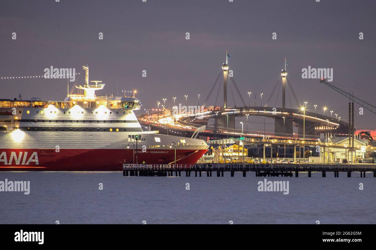 Melbourne Australia, The Spirit of Tasmania Ferry at dock in Port Melbourne with the West Gate Bridge in the background. Stock Photo