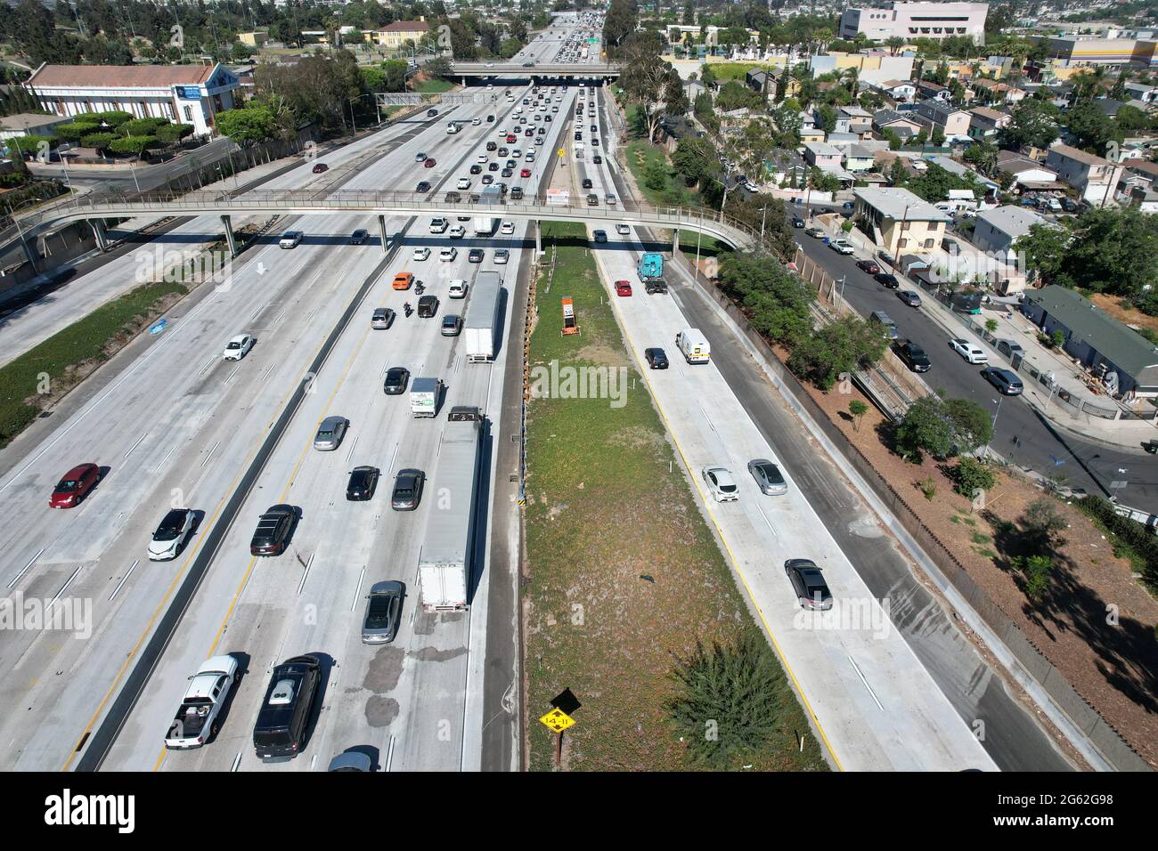 An aerial view of traffic on the California State Route 60 freeway, Thursday, July 1, 2021, in Los Angeles. Stock Photo