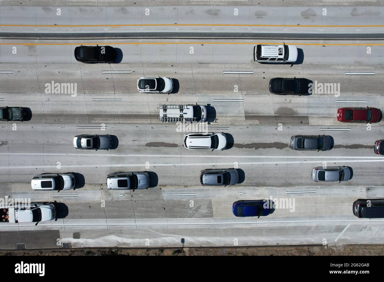 An aerial view of traffic on the California State Route 60 freeway, Thursday, July 1, 2021, in Los Angeles. Stock Photo