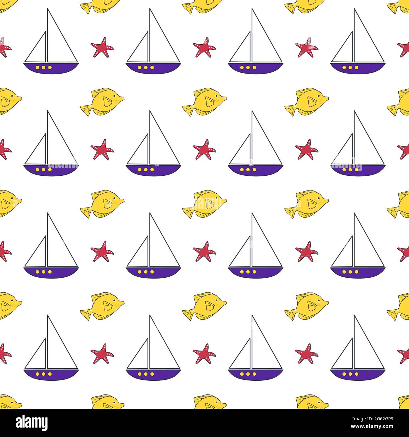 Summer sea pattern with ships, fish and starfish on a white background ...
