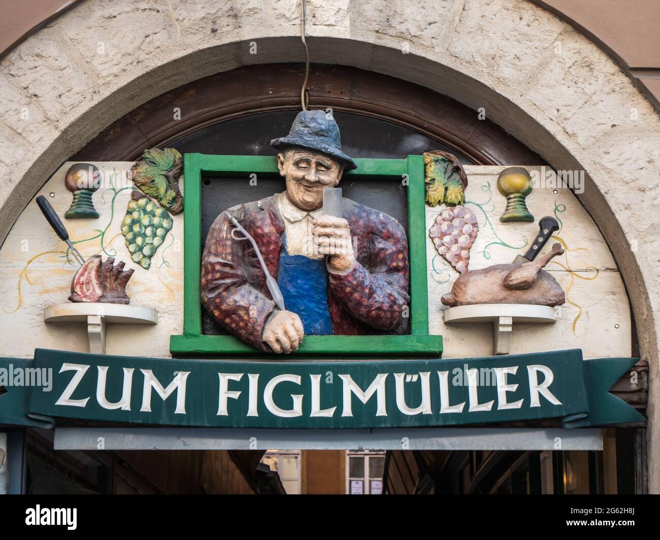 Vienna, Austria - June 4 2021: Figlmueller Restaurant Entrance Door Sign. An Inn Famous for its Wiener Schnitzel and Traditional Viennese Cuisine. Stock Photo