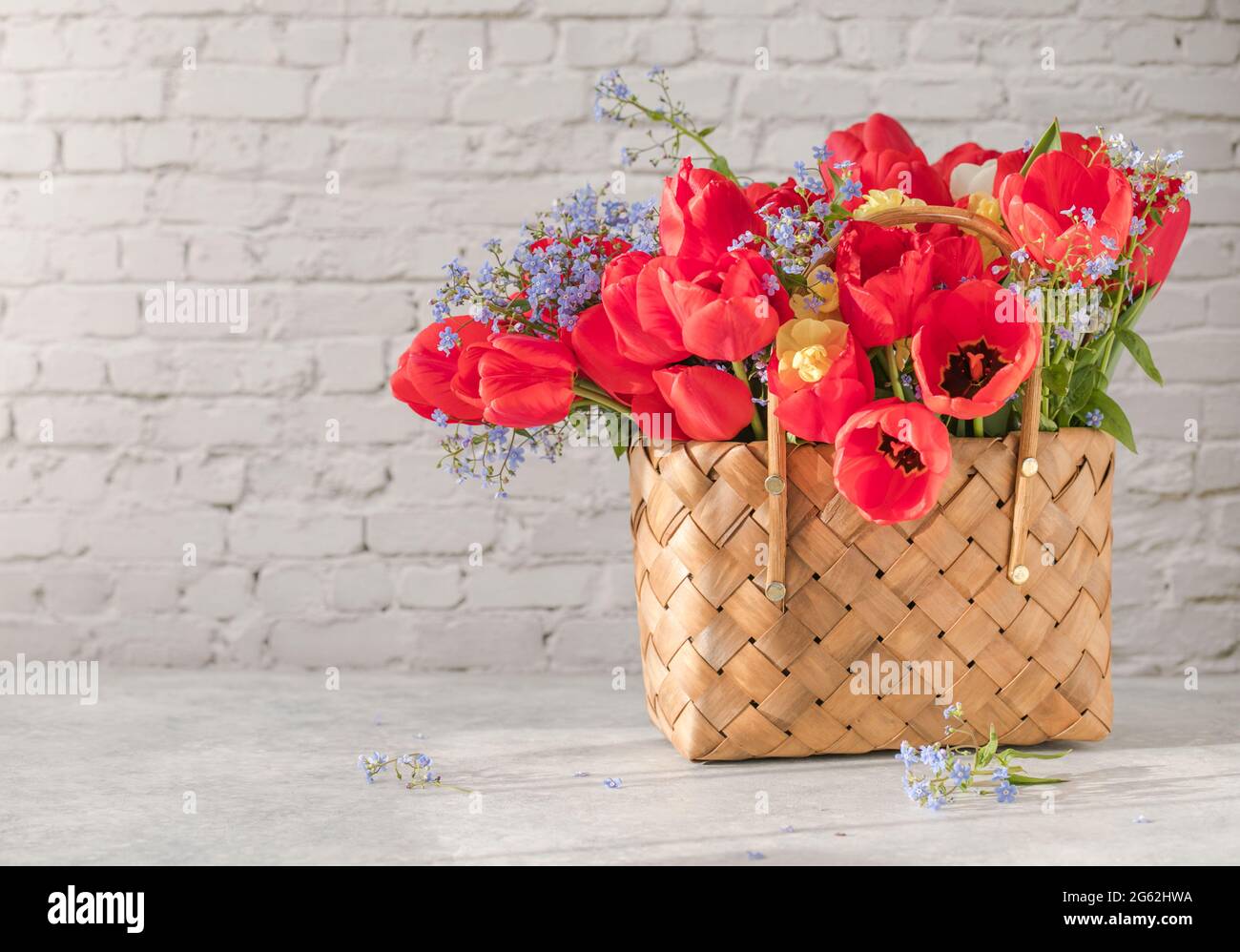 Summer or spring bouquet of daffodils and red tulips in a wicker basket ...