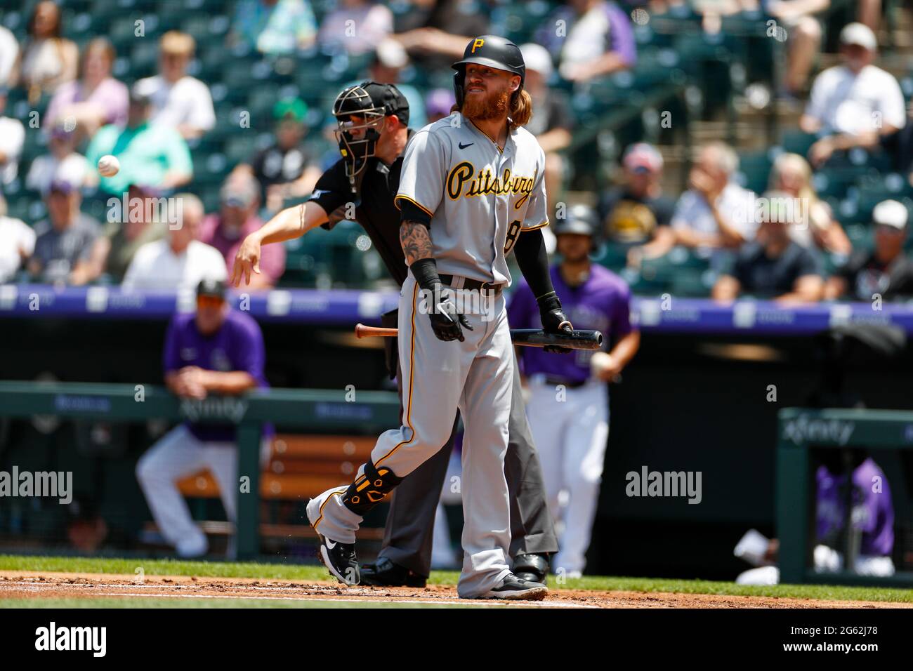 Pittsburgh Pirates right fielder Ben Gamel (18) strikes out during an MLB regular season game against the Colorado Rockies, Wednesday, June 29, 2021 i Stock Photo