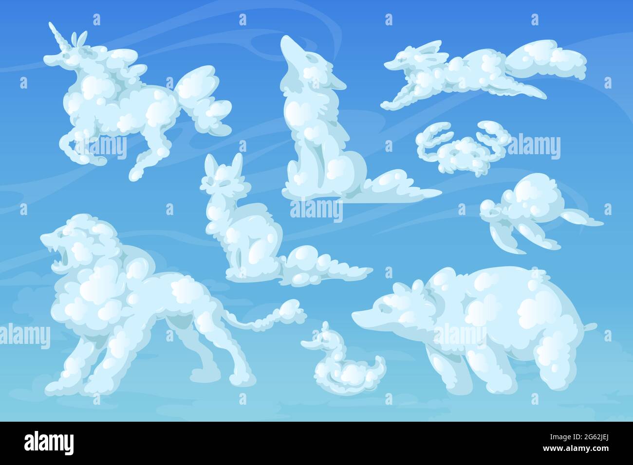 Cloud animals, cartoon fluffy eddies in shape of unicorn, bear, wolf and turtle with cat, fox and lion or duck with crab flying in blue sky, natural vector weather design elements, dreamlike creatures Stock Vector