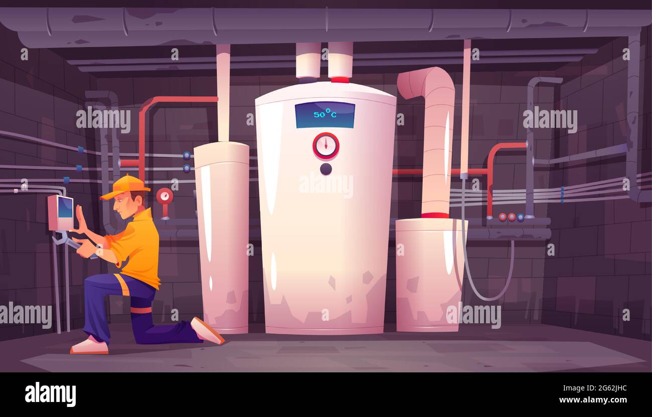 Home basement with boiler and water pipes. Plumber repairs electric heating system. Vector cartoon interior of boiler room in house cellar with heater and technician with wrench Stock Vector