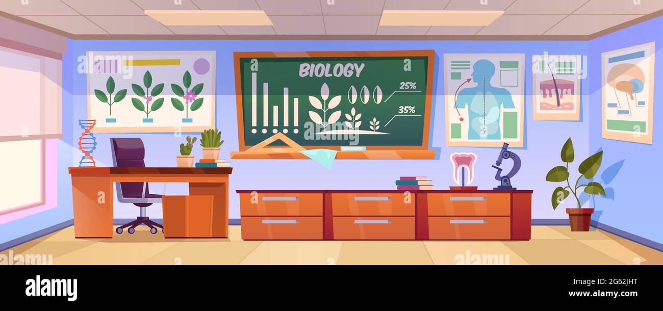 Classroom for biology learning with graph on chalkboard, posters with human organs and plant on wall. Vector cartoon illustration of empty school class interior with teacher desk, books and microscope Stock Vector