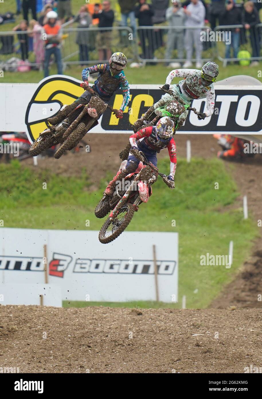 Riders make a jump during MX2 Race 1 in the British leg of the 2021 FIM MotoCross World Championships on Sunday, June 27, 2021, at Matterley Basin, Wi Stock Photo