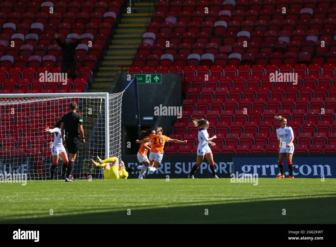 Glasgow, UK. 06th June, 2021. Niamh Farrelly (17 Glasgow City) and Julia Molin (20 Glasgow City) celebrate the 2nd goal on the Scottish Women's Premier League match between Glasgow City and Rangers played at Broadwood Stadium in Glasgow, Scotland Credit: SPP Sport Press Photo. /Alamy Live News Stock Photo