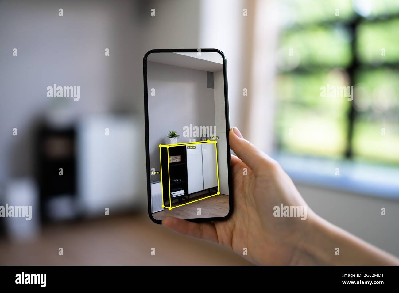AR Mobile Phone Furniture Measurement App And Virtual Meter Stock Photo