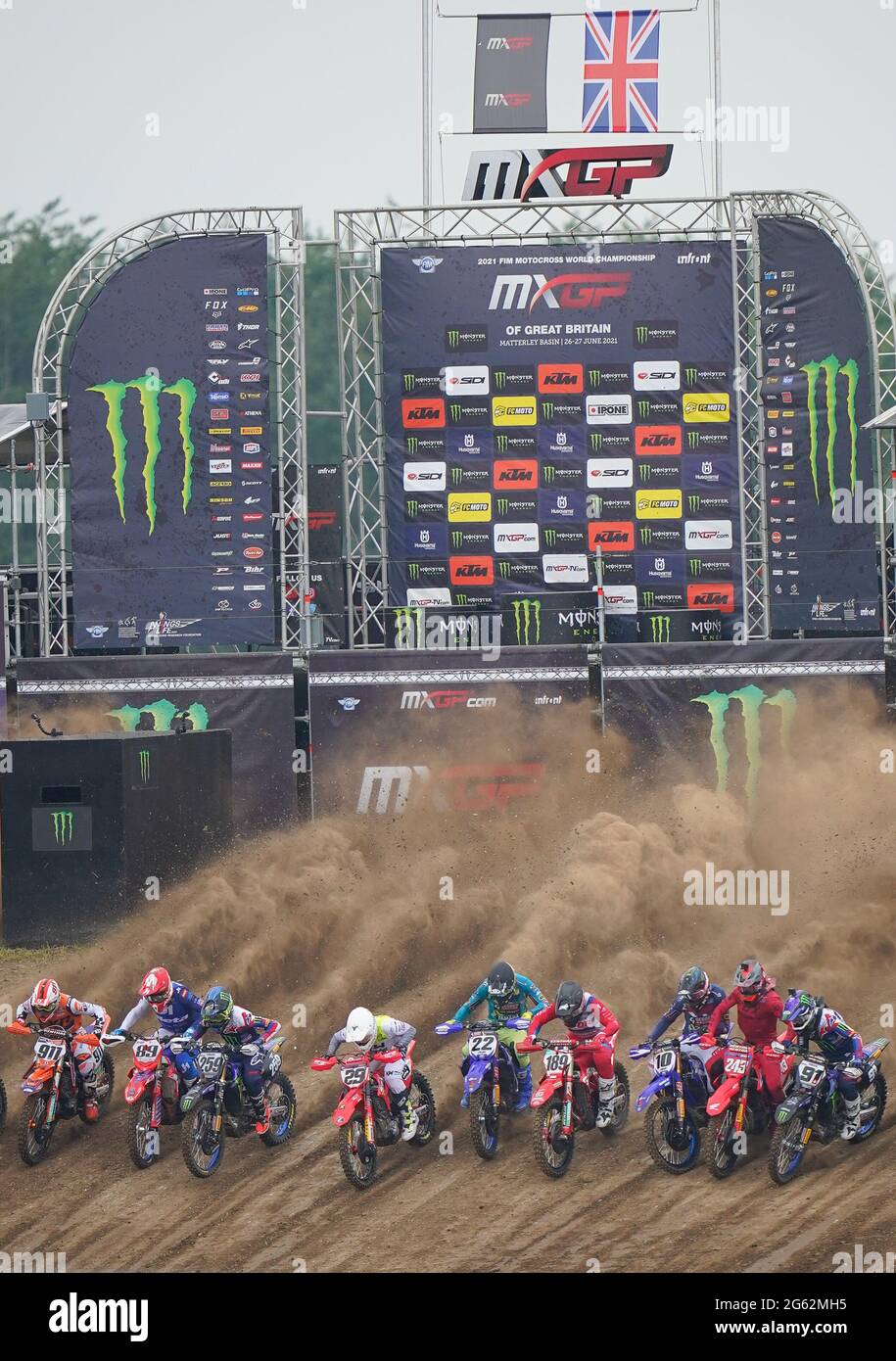 Competitors Leave The Start Gate Before The Mxgp Race 1 In The British Leg Of The 21 Fim Motocross World Championships On Sunday June 27 21 At Stock Photo Alamy