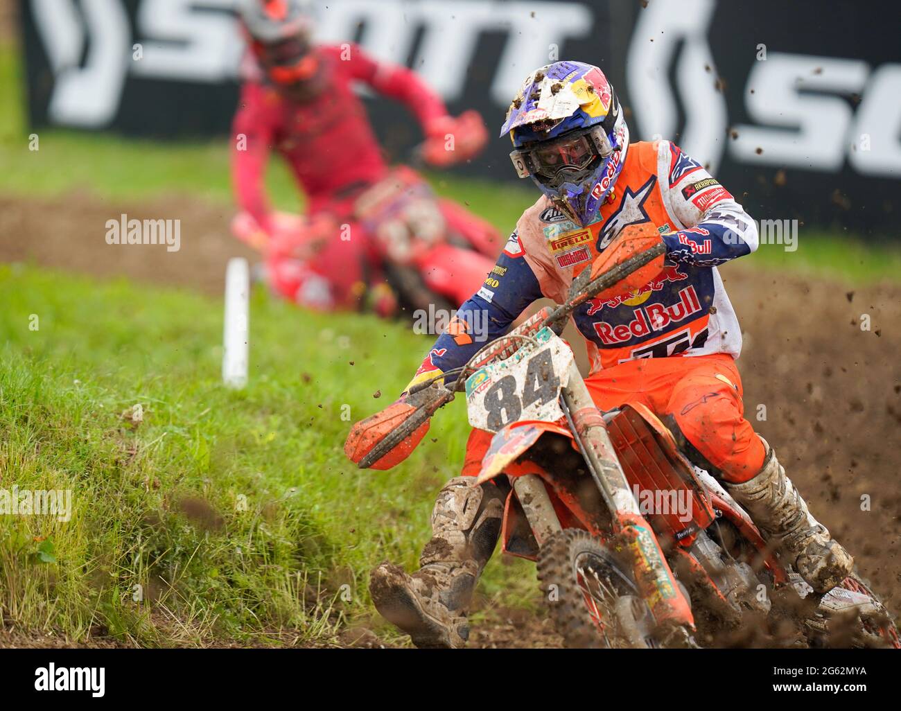 Jeffrey Herlings (NED), KTM - Red Bull KTM Factory Racing rounds corner during Race 1 of the MXGP British leg of the 2021 FIM MotoCross World Champion Stock Photo