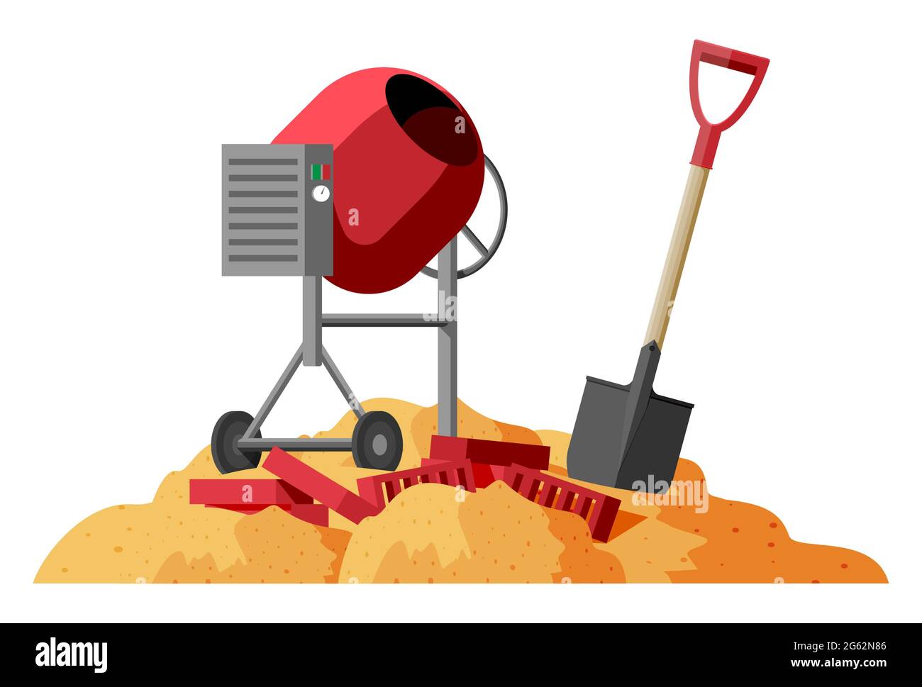 Concrete Mixer, Shovel and Bricks in Pile of Sand Stock Vector Image