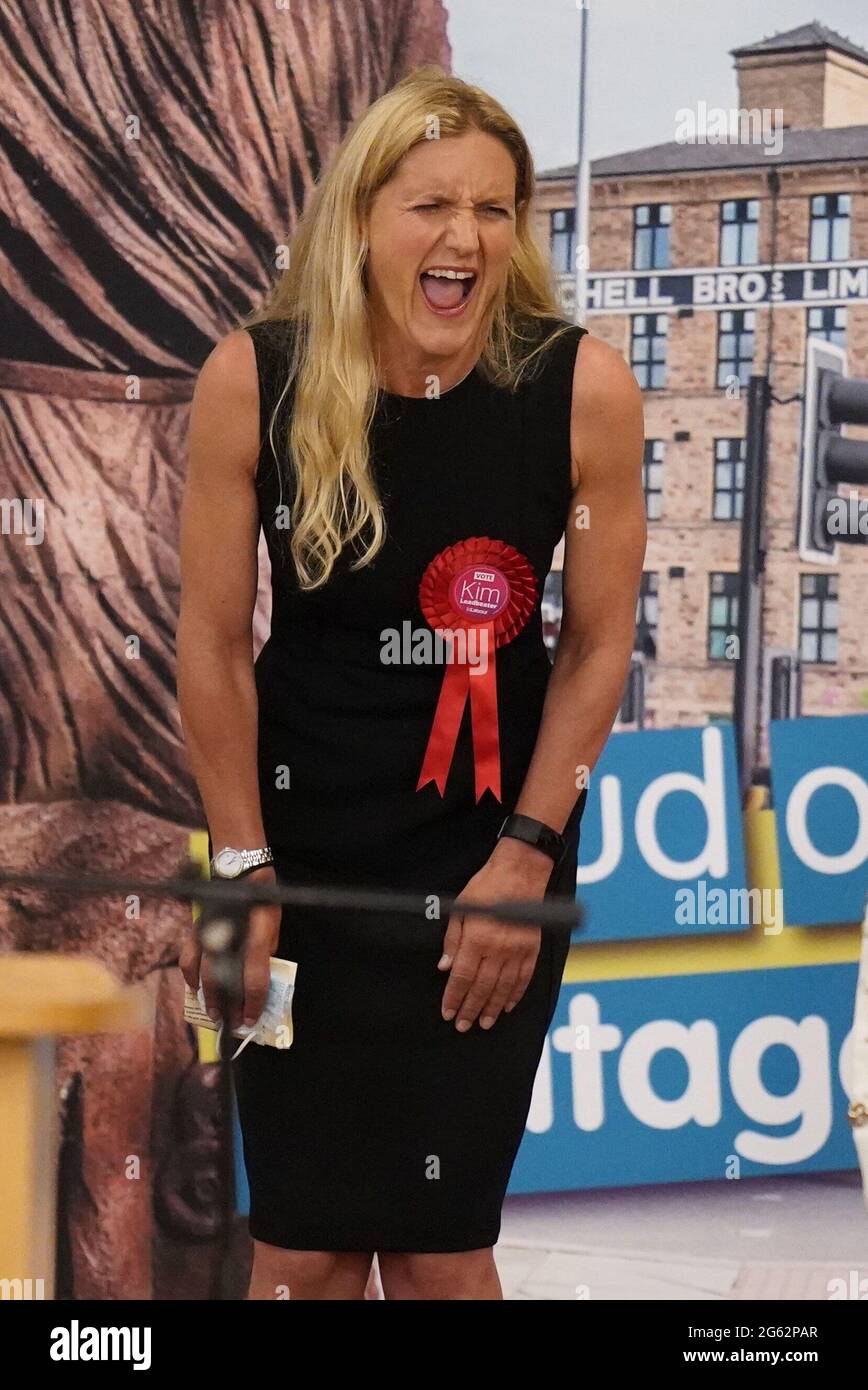 Kim Leadbeater reacts at the declaration where she won the Batley and