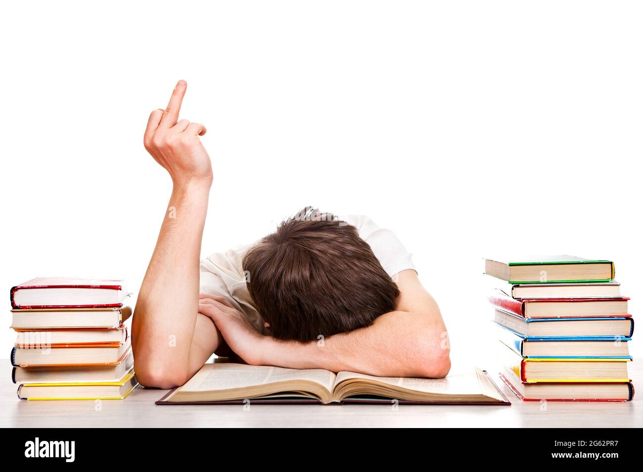 Tired Student show the Middle Finger on the White Background Stock Photo